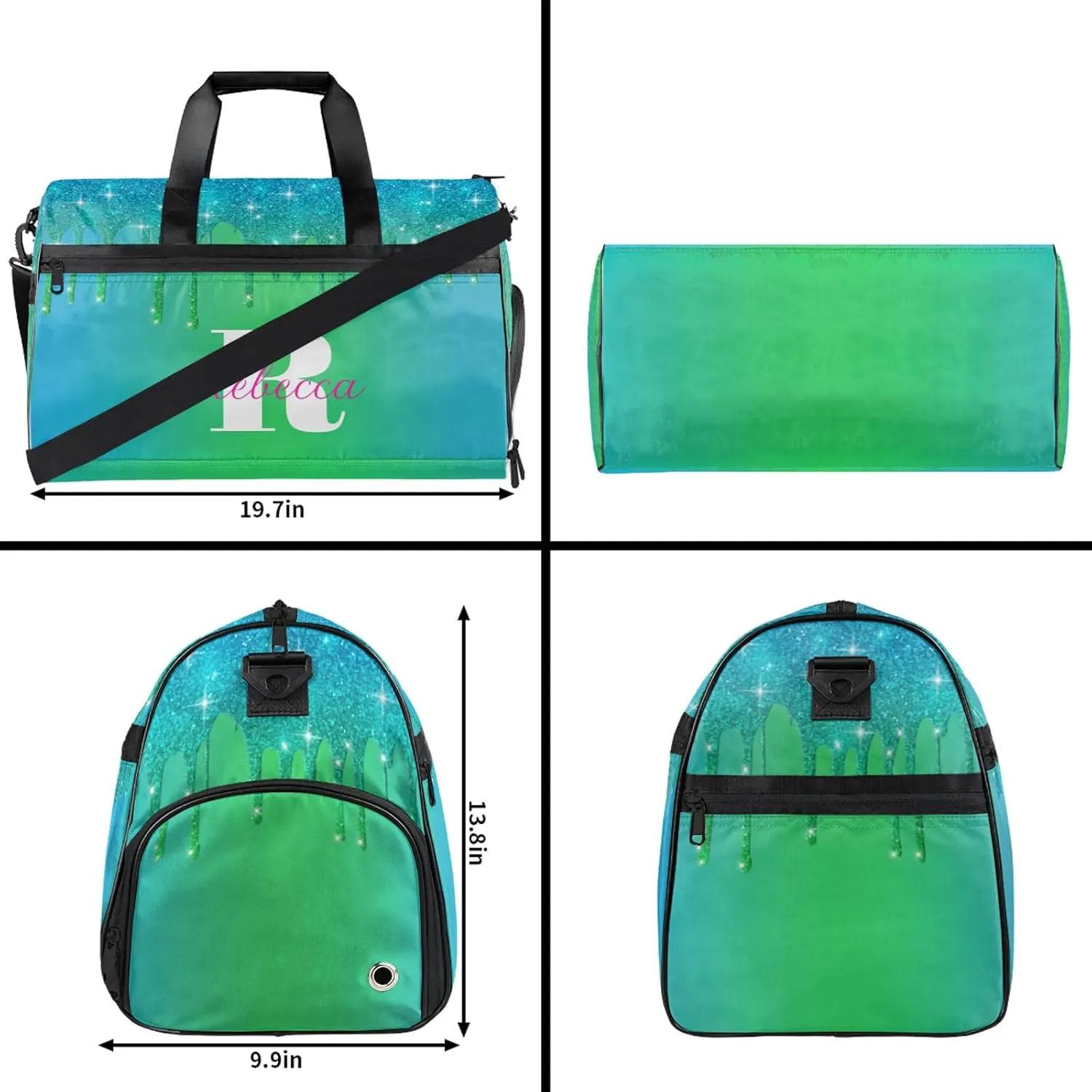 Custom Name Sports Bag Personalized Gym Bag with Shoes Compartment for Women Men Overnight Weekender Travel Duffel Bags, Blue Green