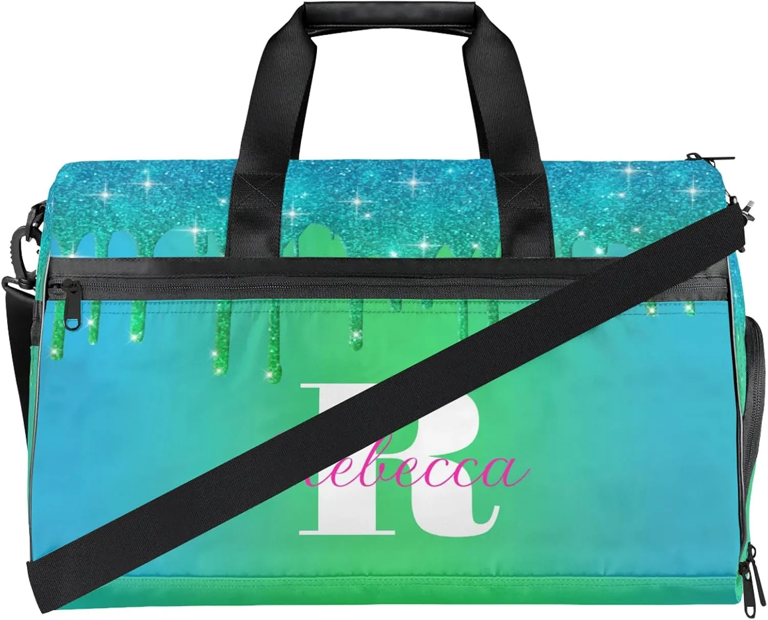 Custom Name Sports Bag Personalized Gym Bag with Shoes Compartment for Women Men Overnight Weekender Travel Duffel Bags, Blue Green