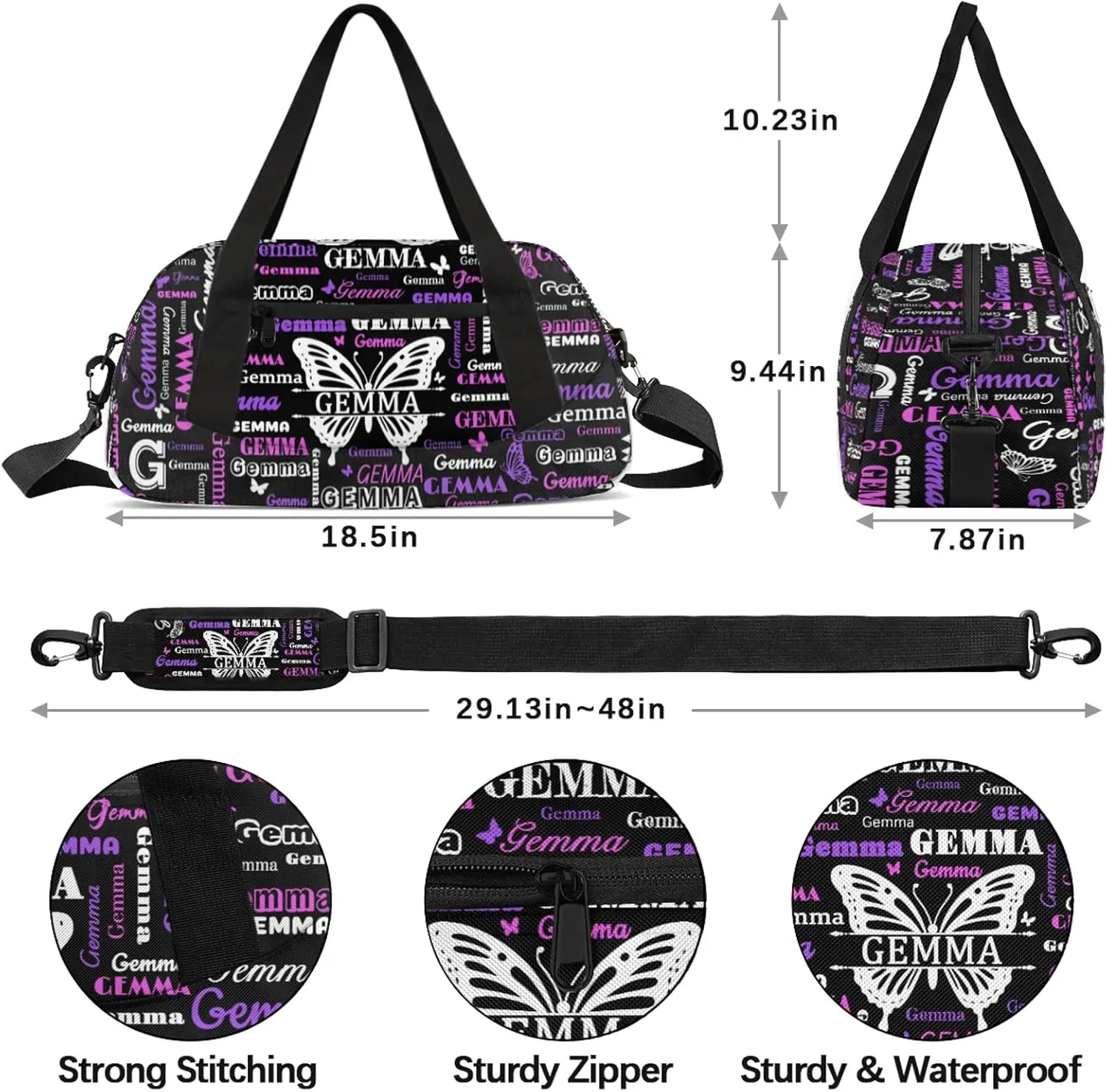 Custom Sport Duffel Bag with Name Butterfly Travel Overnight Bag for Women Men Waterproof Dance Ballet Bag Lightweight 18.5in, Black