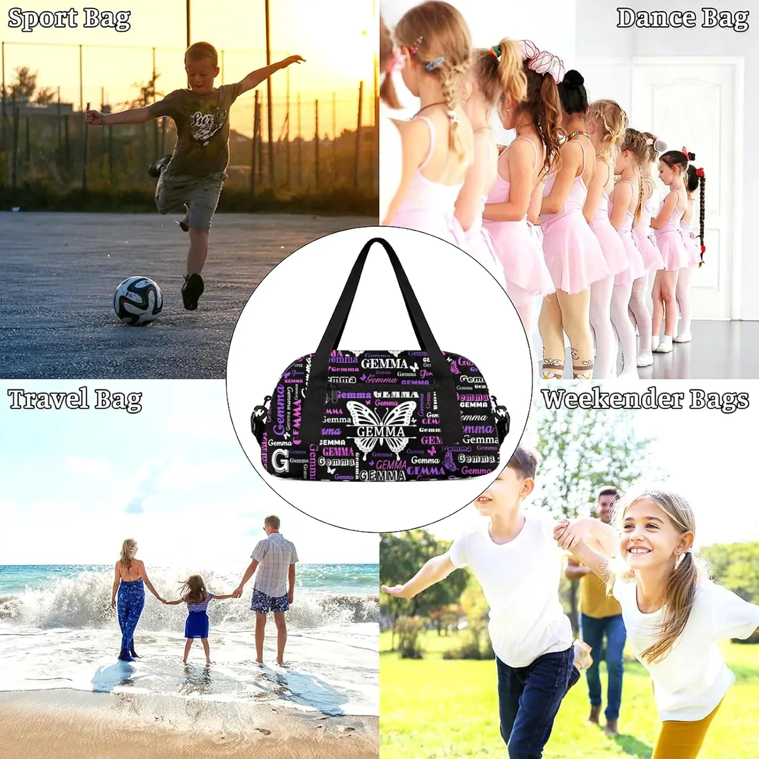 Custom Sport Duffel Bag with Name Butterfly Travel Overnight Bag for Women Men Waterproof Dance Ballet Bag Lightweight 18.5in, Black