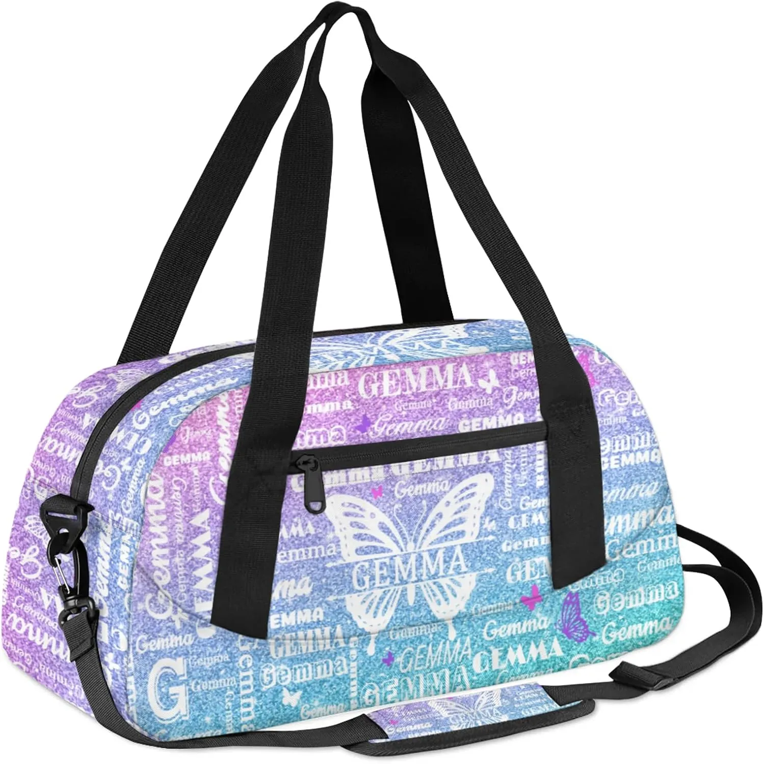 Custom Sport Duffel Bag with Name Butterfly Travel Overnight Bag for Women Men Waterproof Dance Ballet Bag Lightweight 18.5in, Gradient Blue