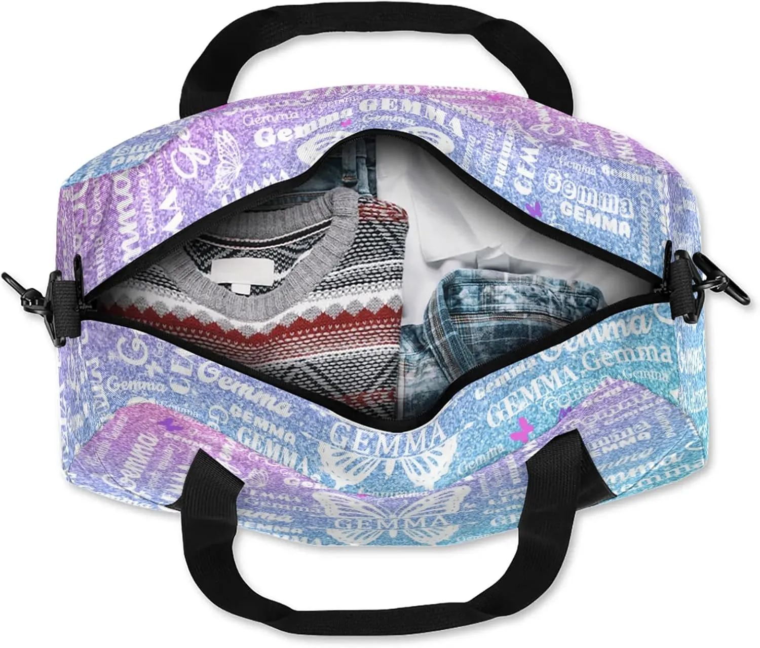 Custom Sport Duffel Bag with Name Butterfly Travel Overnight Bag for Women Men Waterproof Dance Ballet Bag Lightweight 18.5in, Gradient Blue