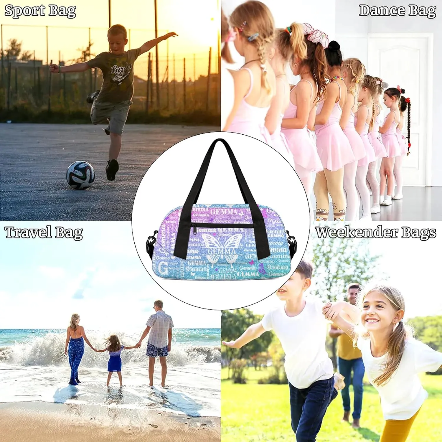 Custom Sport Duffel Bag with Name Butterfly Travel Overnight Bag for Women Men Waterproof Dance Ballet Bag Lightweight 18.5in, Gradient Blue