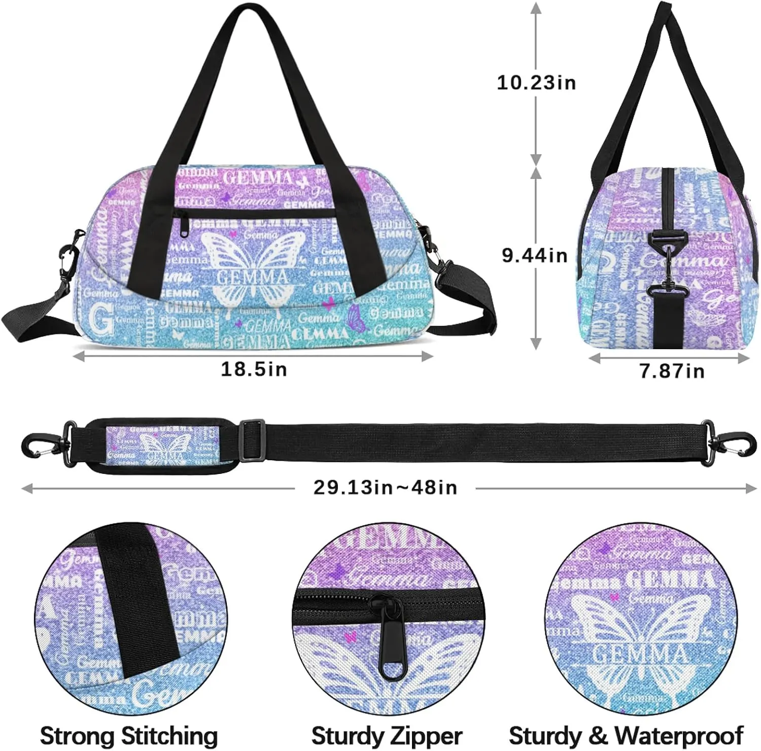 Custom Sport Duffel Bag with Name Butterfly Travel Overnight Bag for Women Men Waterproof Dance Ballet Bag Lightweight 18.5in, Gradient Blue