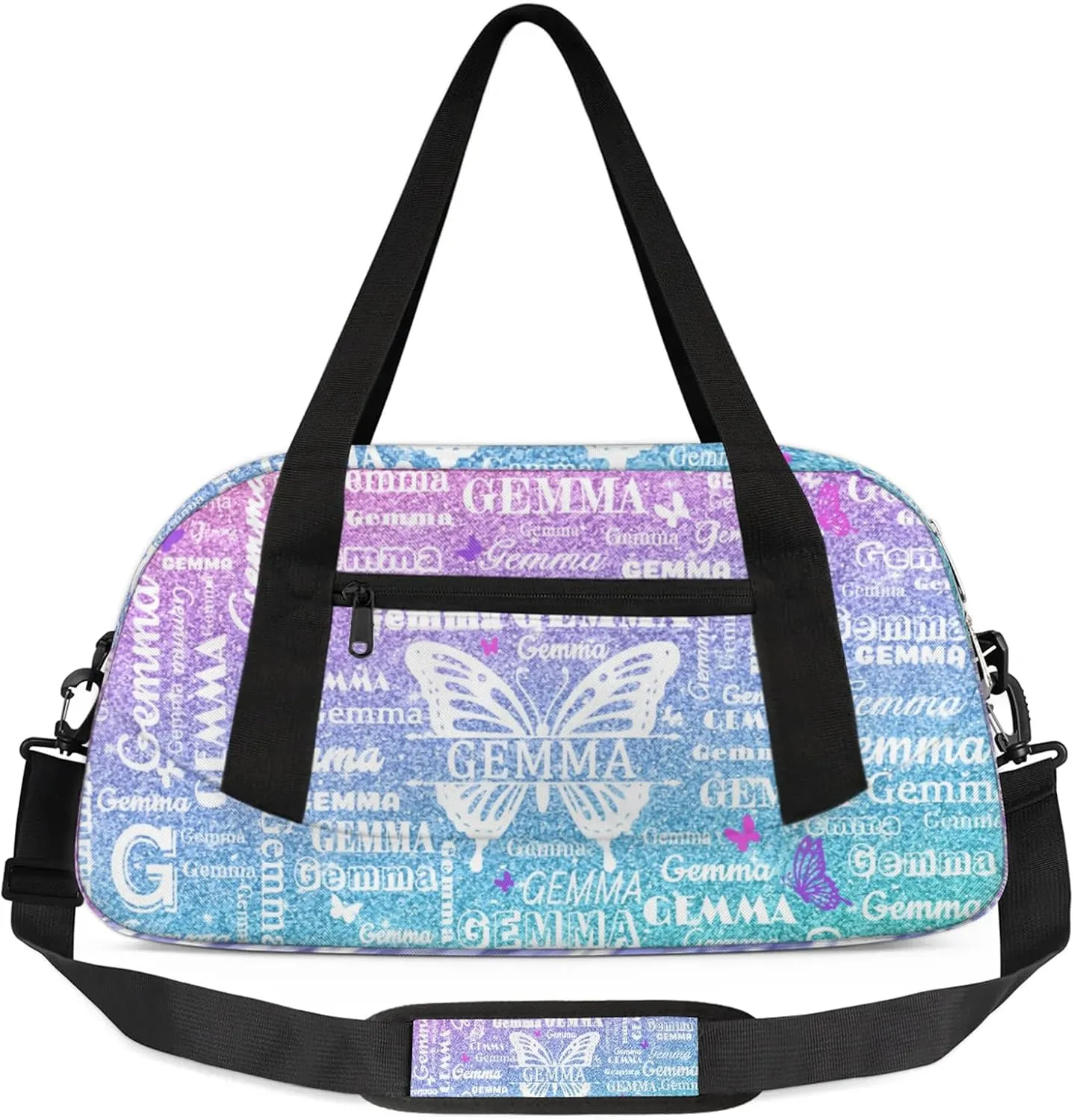 Custom Sport Duffel Bag with Name Butterfly Travel Overnight Bag for Women Men Waterproof Dance Ballet Bag Lightweight 18.5in, Gradient Blue