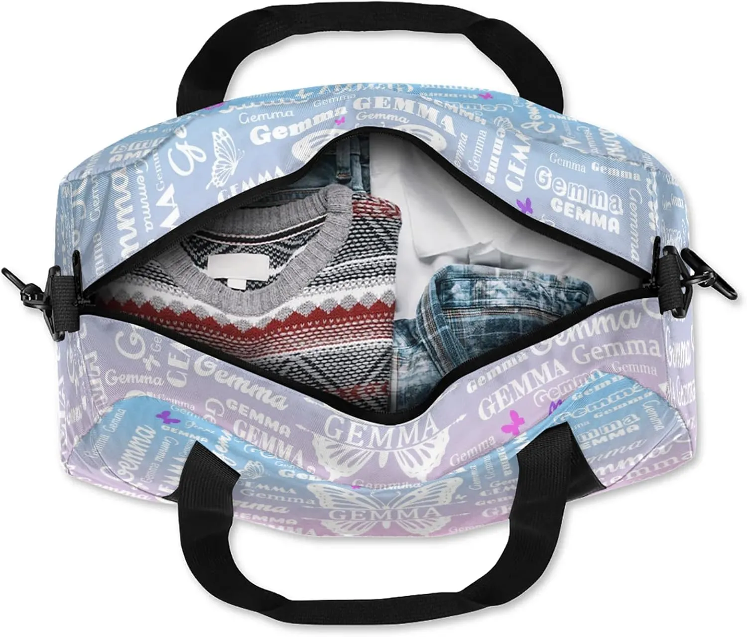 Custom Sport Duffel Bag with Name Butterfly Travel Overnight Bag for Women Men Waterproof Dance Ballet Bag Lightweight 18.5in, Sky Blue Pink