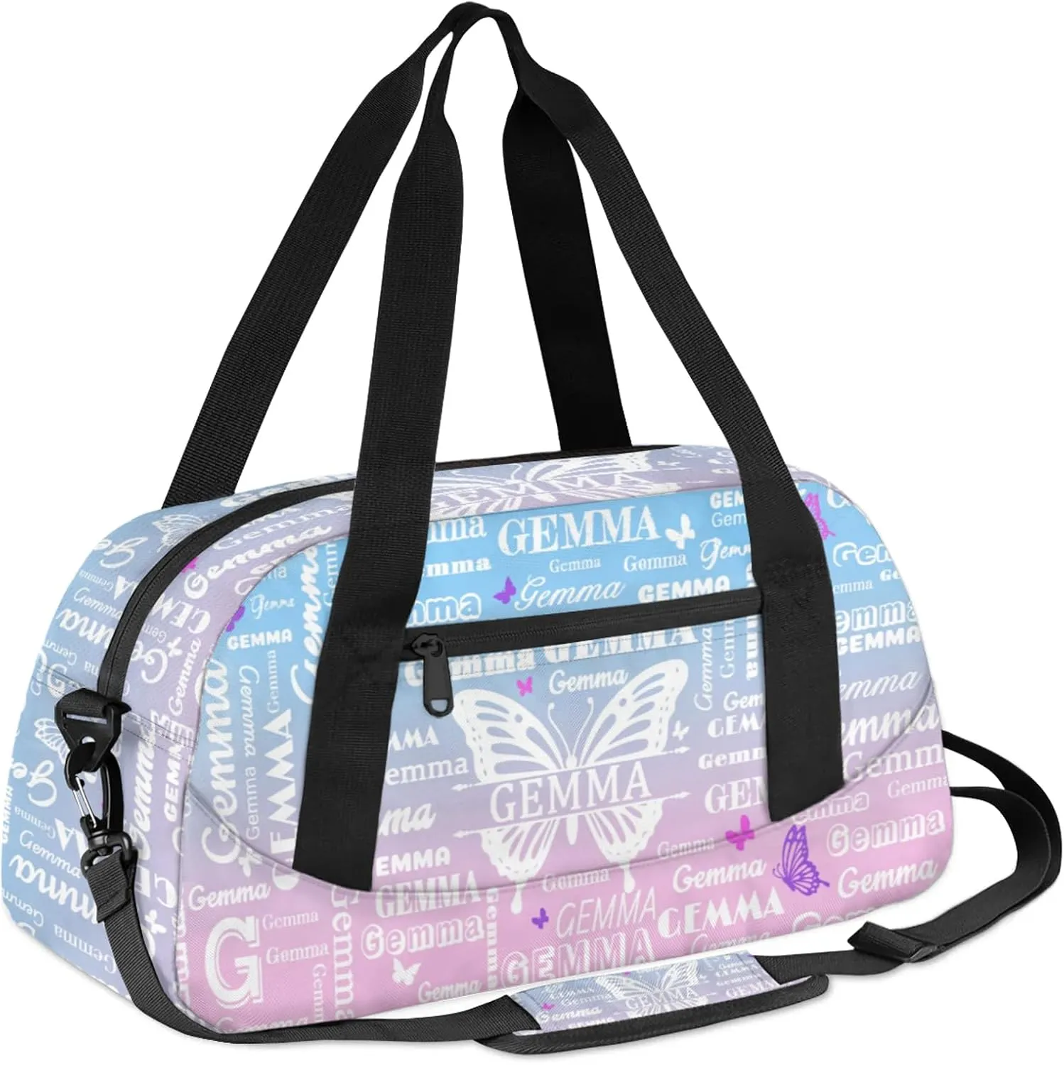 Custom Sport Duffel Bag with Name Butterfly Travel Overnight Bag for Women Men Waterproof Dance Ballet Bag Lightweight 18.5in, Sky Blue Pink