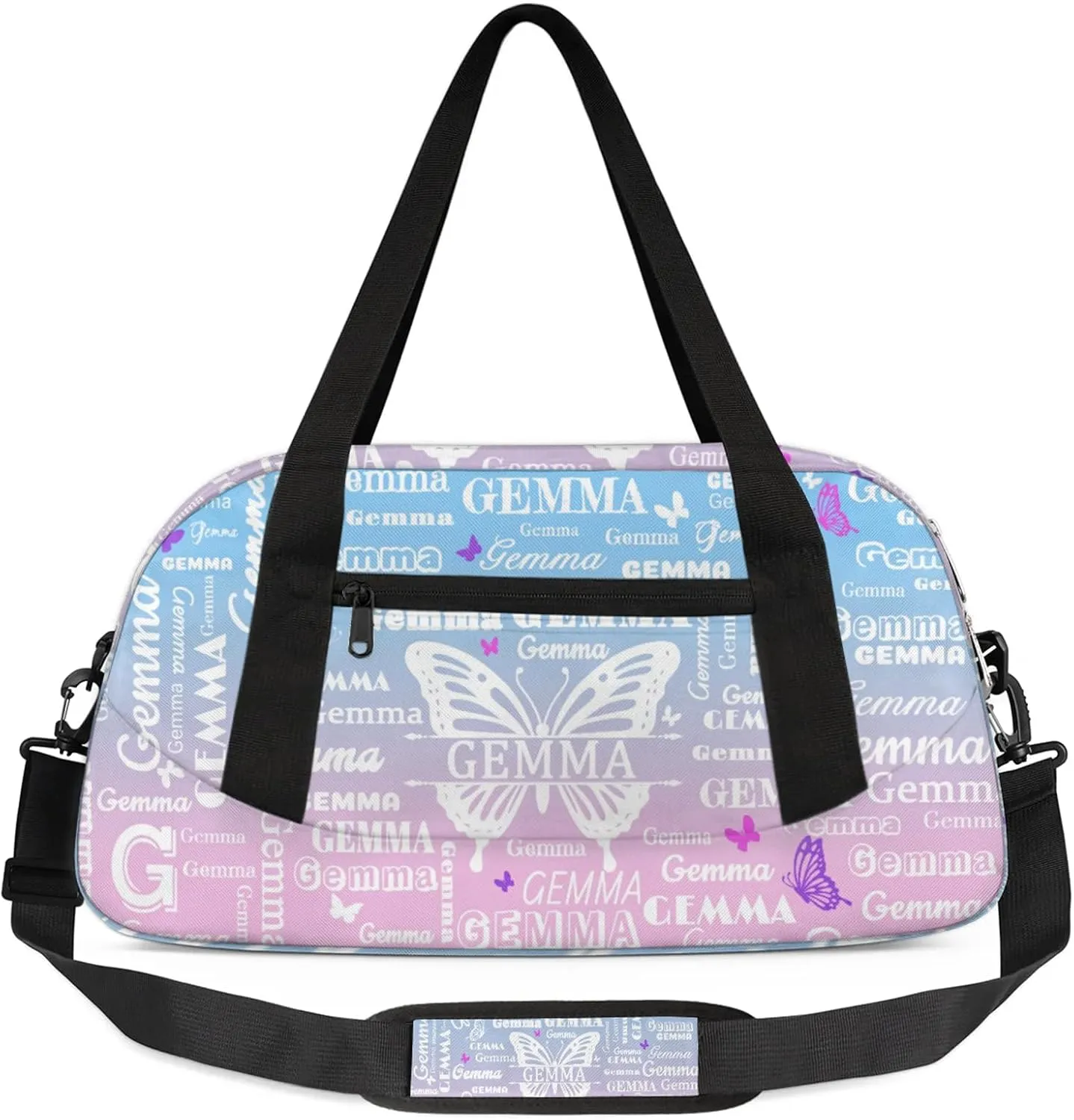 Custom Sport Duffel Bag with Name Butterfly Travel Overnight Bag for Women Men Waterproof Dance Ballet Bag Lightweight 18.5in, Sky Blue Pink