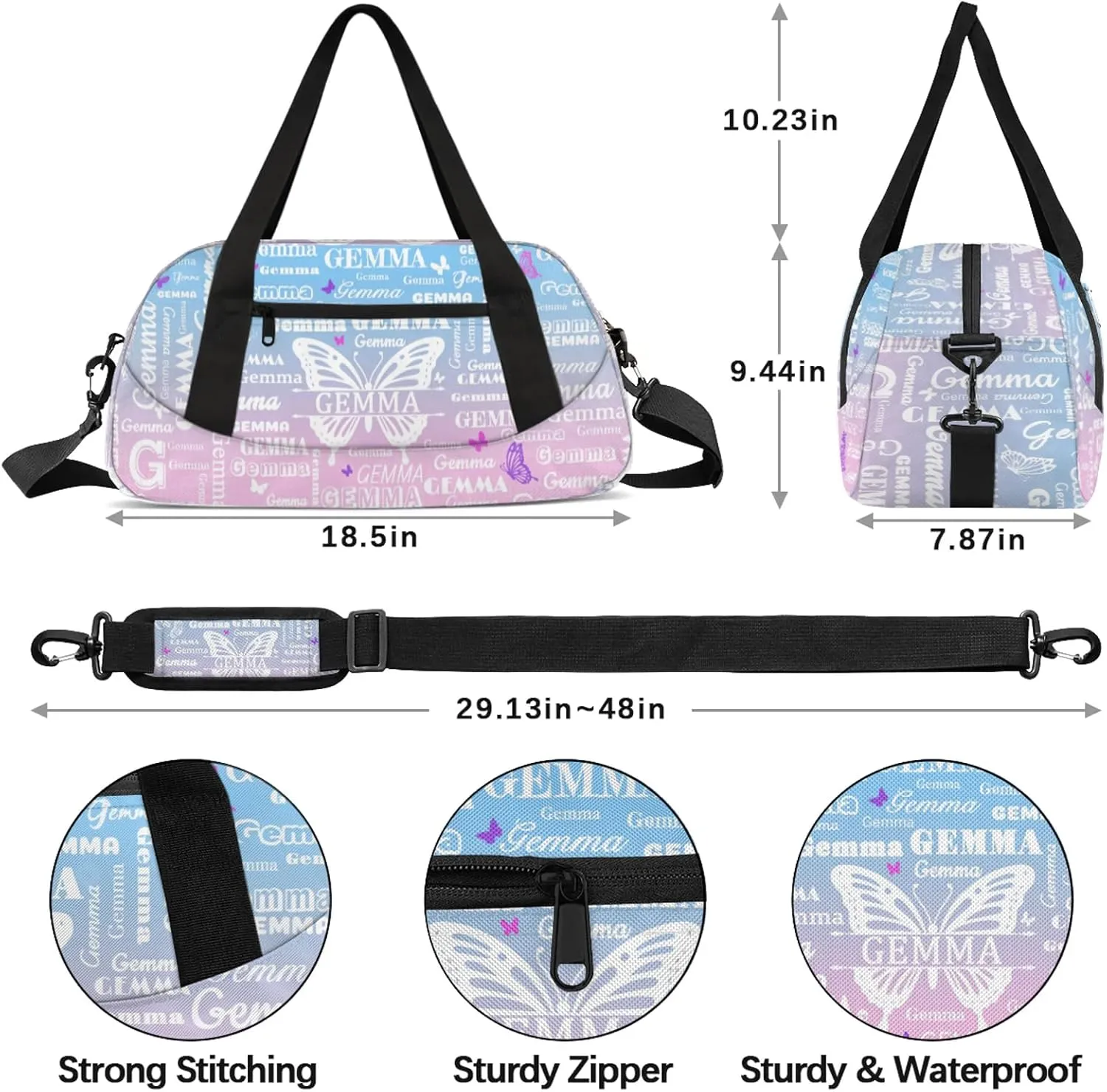 Custom Sport Duffel Bag with Name Butterfly Travel Overnight Bag for Women Men Waterproof Dance Ballet Bag Lightweight 18.5in, Sky Blue Pink
