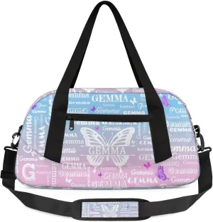 Custom Sport Duffel Bag with Name Butterfly Travel Overnight Bag for Women Men Waterproof Dance Ballet Bag Lightweight 18.5in, Sky Blue Pink