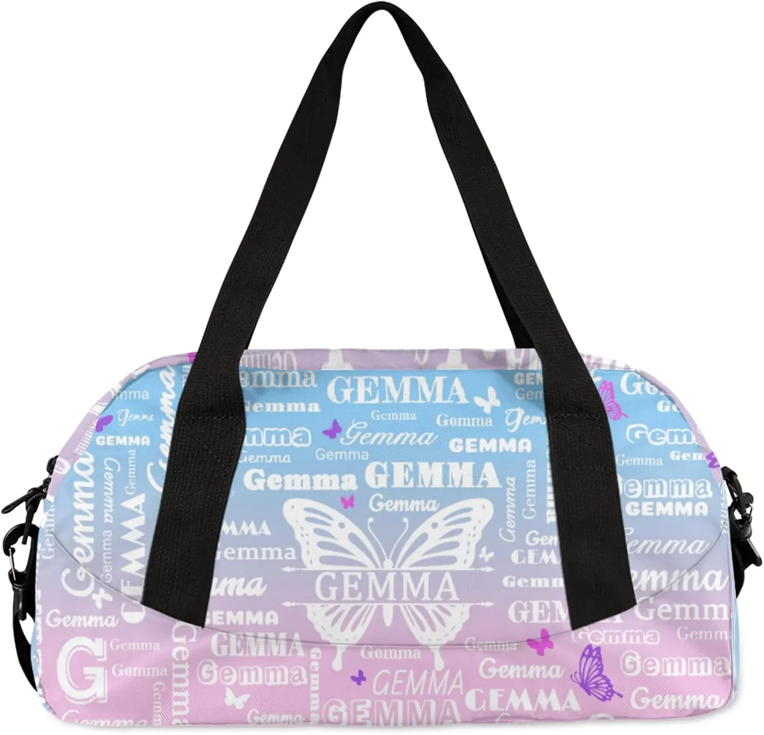 Custom Sport Duffel Bag with Name Butterfly Travel Overnight Bag for Women Men Waterproof Dance Ballet Bag Lightweight 18.5in, Sky Blue Pink