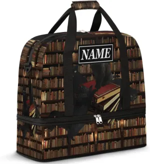 Customize Personalized Travel Duffel Bag Bookshelf Book Cat Sport Gym Bag for Woman Man,Waterproof Foldable Weekend Overnight Bag for Yoga Workout Training with Shoe Compartment