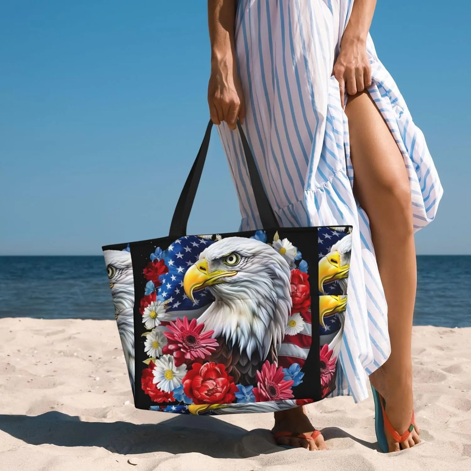 Cute Beach Tote Pool Bags for Women-Large Gym Grocery Tote Travel Towel Bag Reusable Handbags,7 Pockets, Zipper