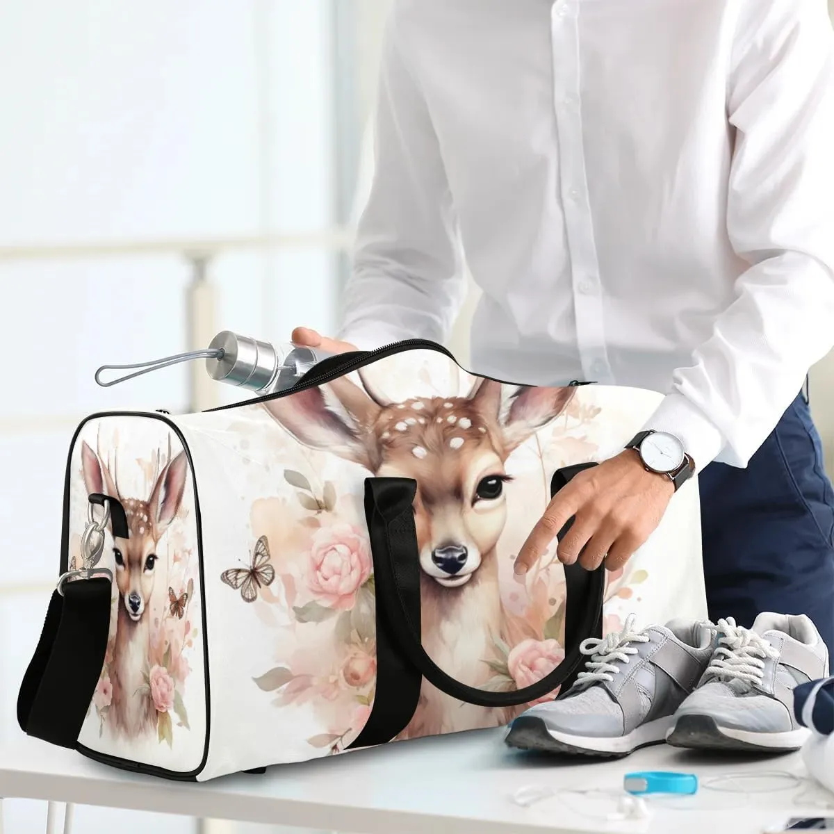 Cute Deer Travel Duffel Bag for Women Men Waterproof Foldable Overnight Weekender Bag Large Capacity Sports Gym Bag
