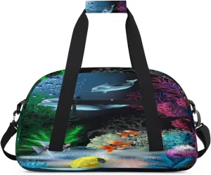 Cute Dolphins Gym Duffel Bag for Men Women Ocean Plants Sports Tote Bag with Adjustable Shoulder Strap for Dance Gymnastics Traveling Outdoor Camping Overnight Stay