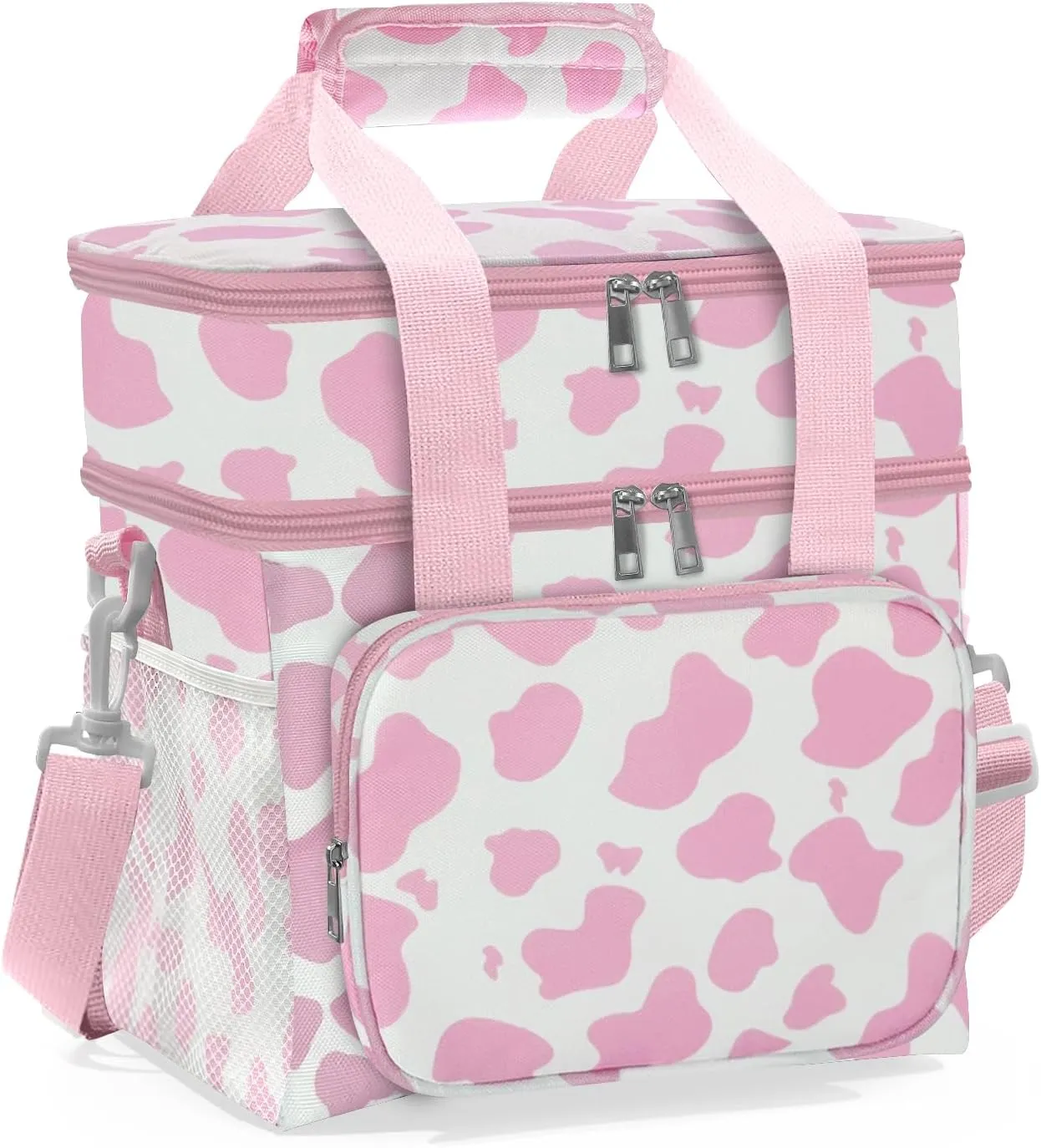 Cute Double Layer Lunch Box for Women, Large Insulated Soft Cooler Bag with Adjustable Padded Shoulder Strap, Ideal for Work/Flight/Travel, 15L (Cow-Pink)