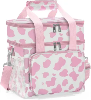 Cute Double Layer Lunch Box for Women, Large Insulated Soft Cooler Bag with Adjustable Padded Shoulder Strap, Ideal for Work/Flight/Travel, 15L (Cow-Pink)