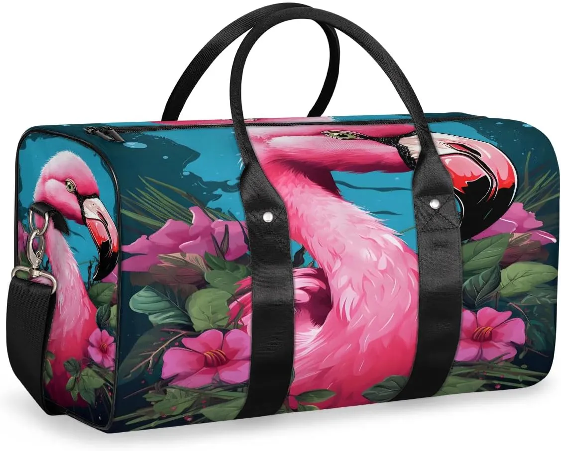 Cute Flamingo Flowers Travel Duffel Bag for Women Men Waterproof Foldable Overnight Weekender Bag Large Capacity Sports Gym Bag