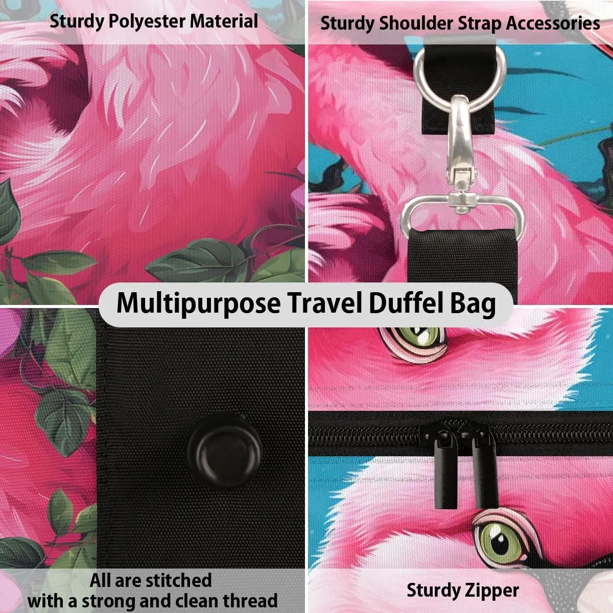 Cute Flamingo Flowers Travel Duffel Bag for Women Men Waterproof Foldable Overnight Weekender Bag Large Capacity Sports Gym Bag
