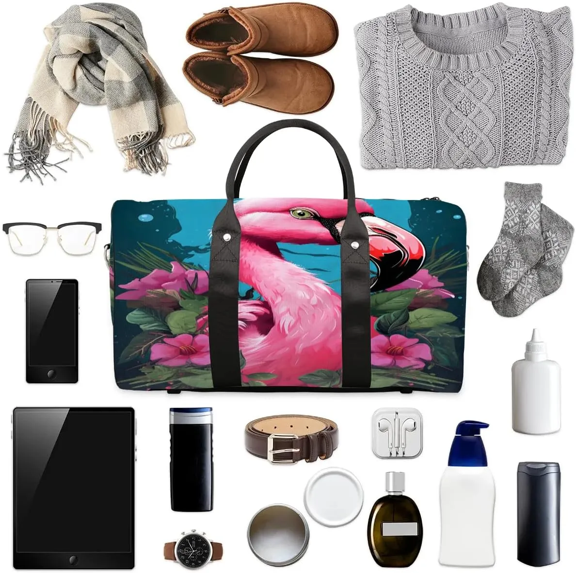 Cute Flamingo Flowers Travel Duffel Bag for Women Men Waterproof Foldable Overnight Weekender Bag Large Capacity Sports Gym Bag