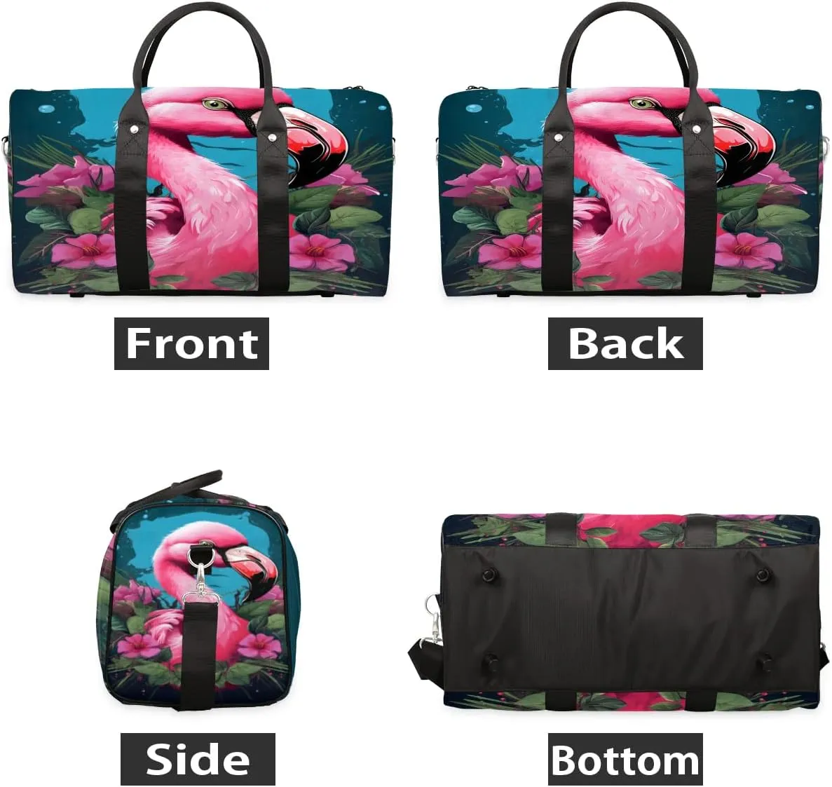Cute Flamingo Flowers Travel Duffel Bag for Women Men Waterproof Foldable Overnight Weekender Bag Large Capacity Sports Gym Bag