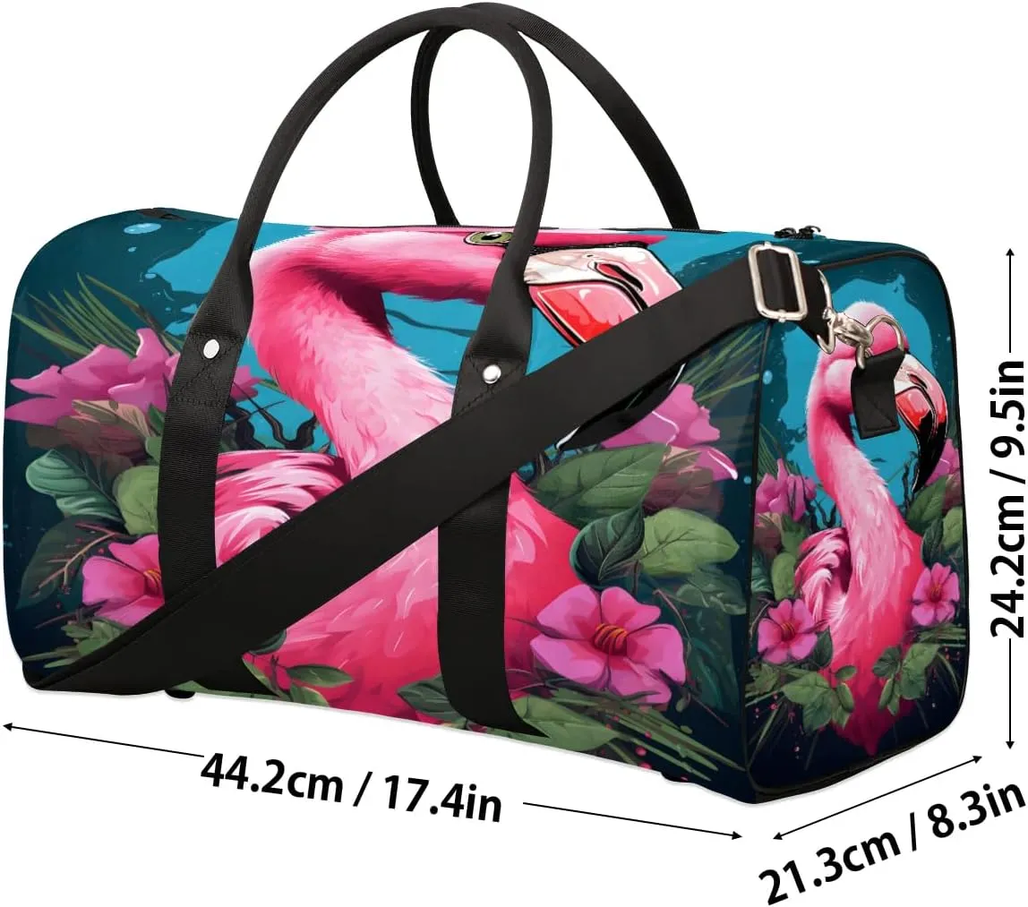 Cute Flamingo Flowers Travel Duffel Bag for Women Men Waterproof Foldable Overnight Weekender Bag Large Capacity Sports Gym Bag