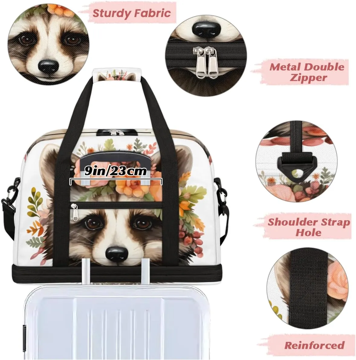Cute Raccoon Print Foldable Travel Duffel Bag Overnight Weekender Bag with Shoes Compartment Sports Gym Bag for Men Women