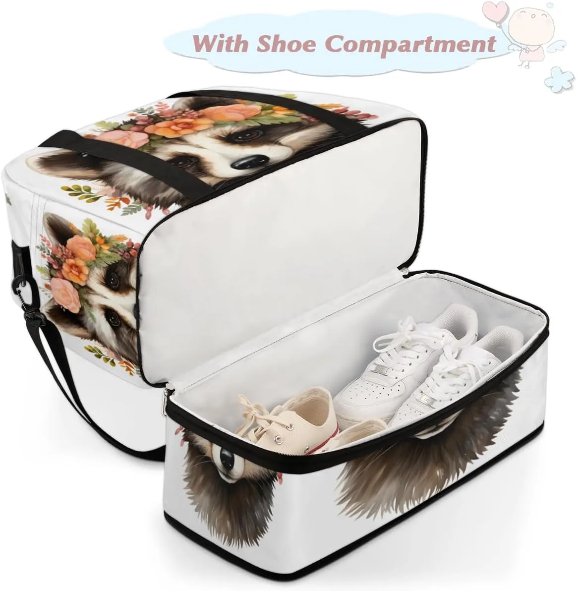 Cute Raccoon Print Foldable Travel Duffel Bag Overnight Weekender Bag with Shoes Compartment Sports Gym Bag for Men Women