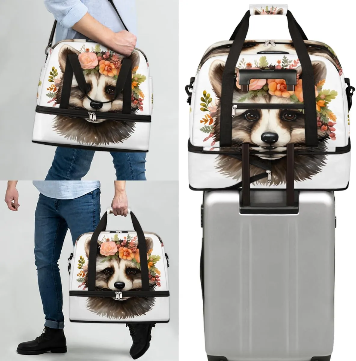 Cute Raccoon Print Foldable Travel Duffel Bag Overnight Weekender Bag with Shoes Compartment Sports Gym Bag for Men Women