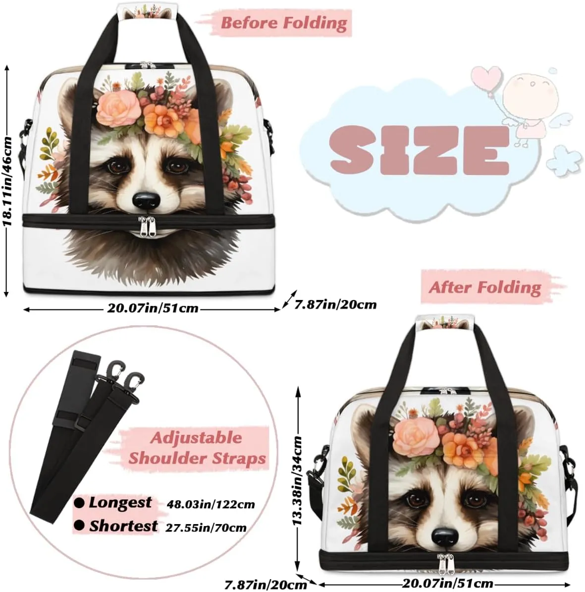 Cute Raccoon Print Foldable Travel Duffel Bag Overnight Weekender Bag with Shoes Compartment Sports Gym Bag for Men Women
