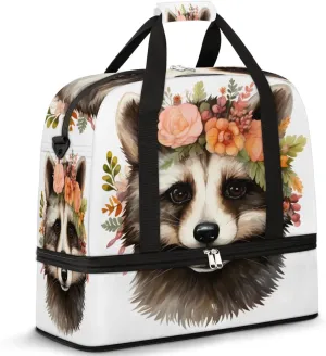 Cute Raccoon Print Foldable Travel Duffel Bag Overnight Weekender Bag with Shoes Compartment Sports Gym Bag for Men Women