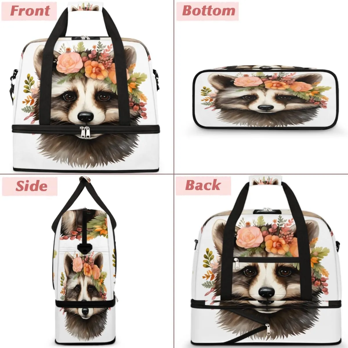 Cute Raccoon Print Foldable Travel Duffel Bag Overnight Weekender Bag with Shoes Compartment Sports Gym Bag for Men Women