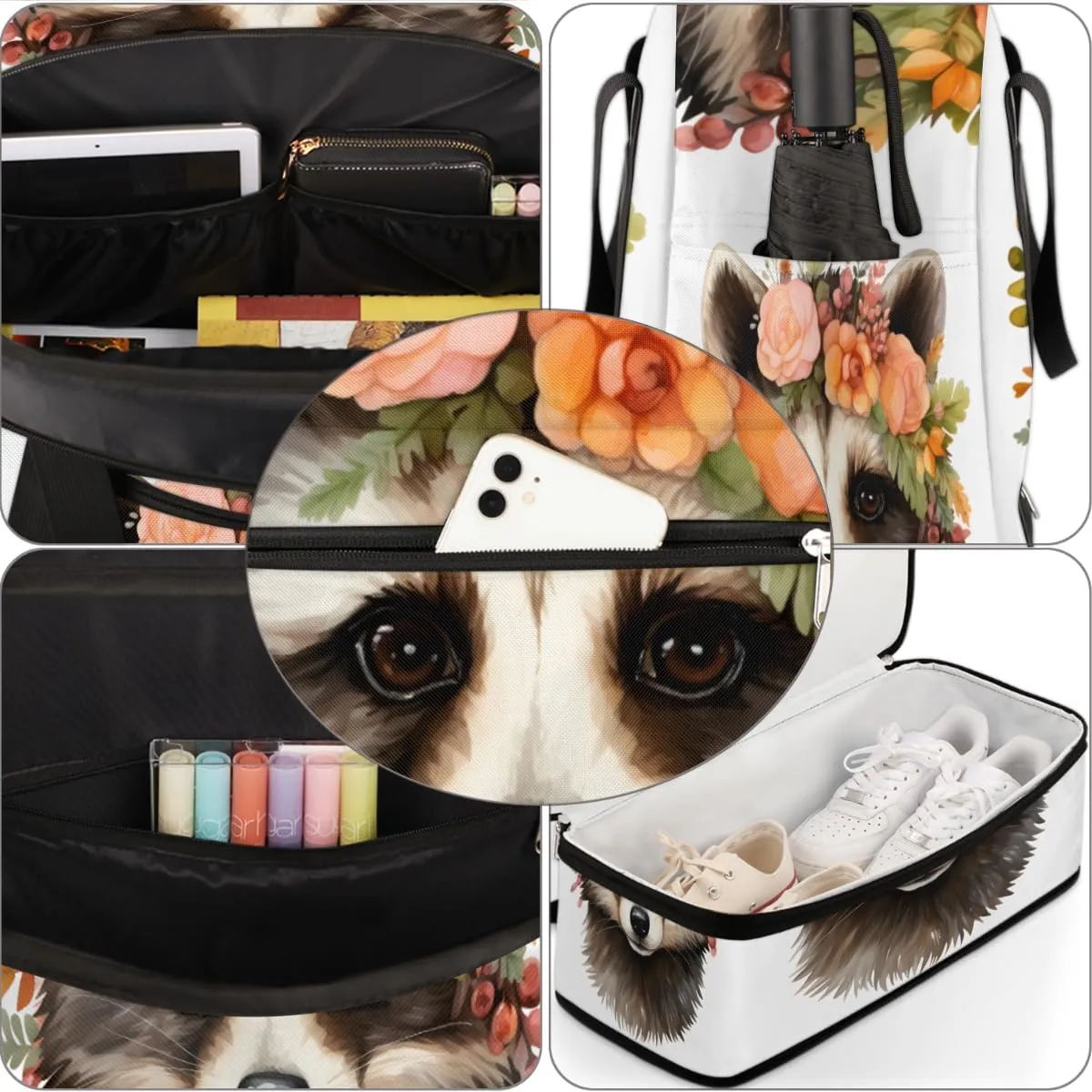 Cute Raccoon Print Foldable Travel Duffel Bag Overnight Weekender Bag with Shoes Compartment Sports Gym Bag for Men Women