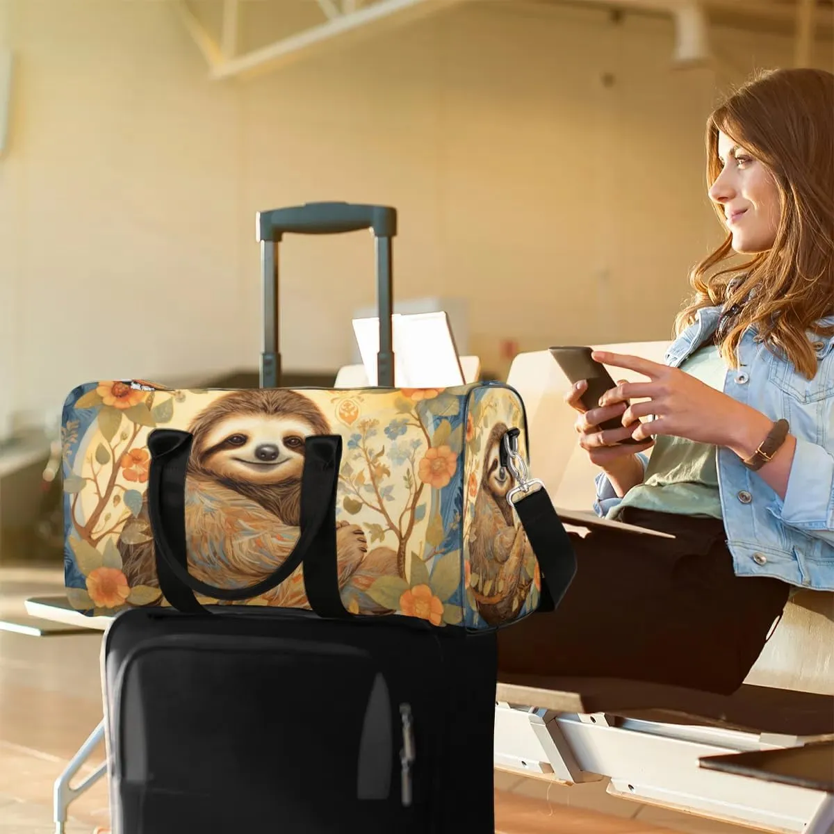 Cute Sloth Print Travel Duffel Bag for Women Men Waterproof Foldable Overnight Weekender Bag Large Capacity Sports Gym Bag