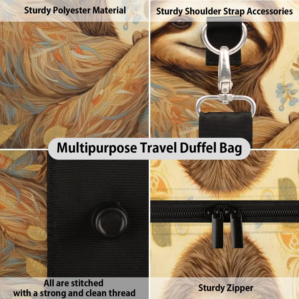 Cute Sloth Print Travel Duffel Bag for Women Men Waterproof Foldable Overnight Weekender Bag Large Capacity Sports Gym Bag