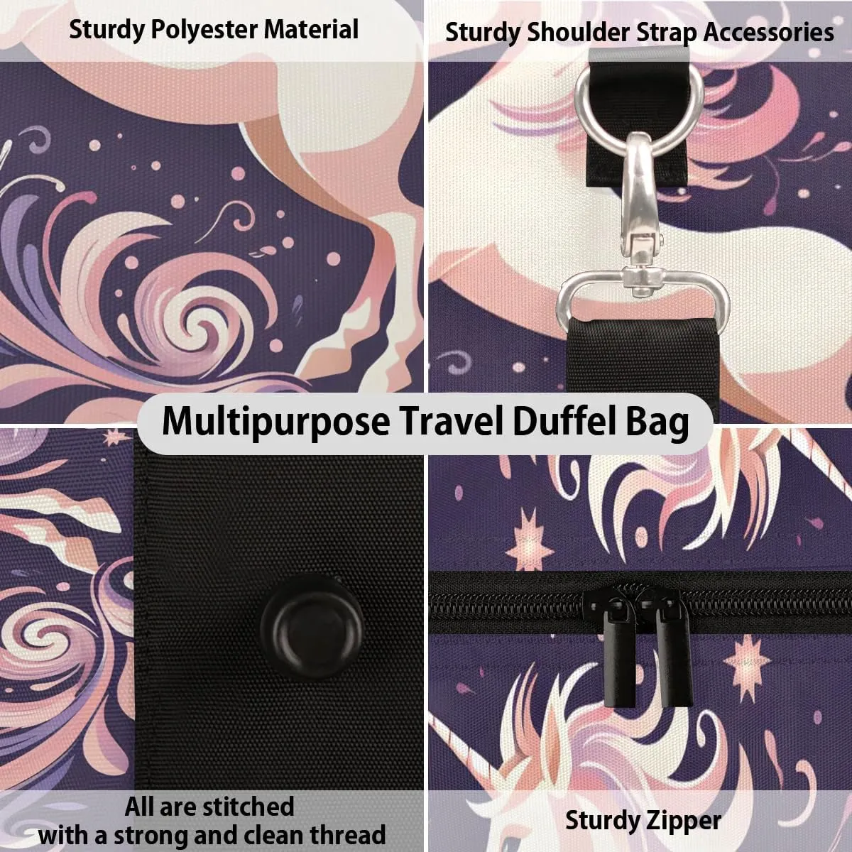 Cute Unicorn Travel Duffel Bag for Women Men Waterproof Foldable Overnight Weekender Bag Large Capacity Sports Gym Bag