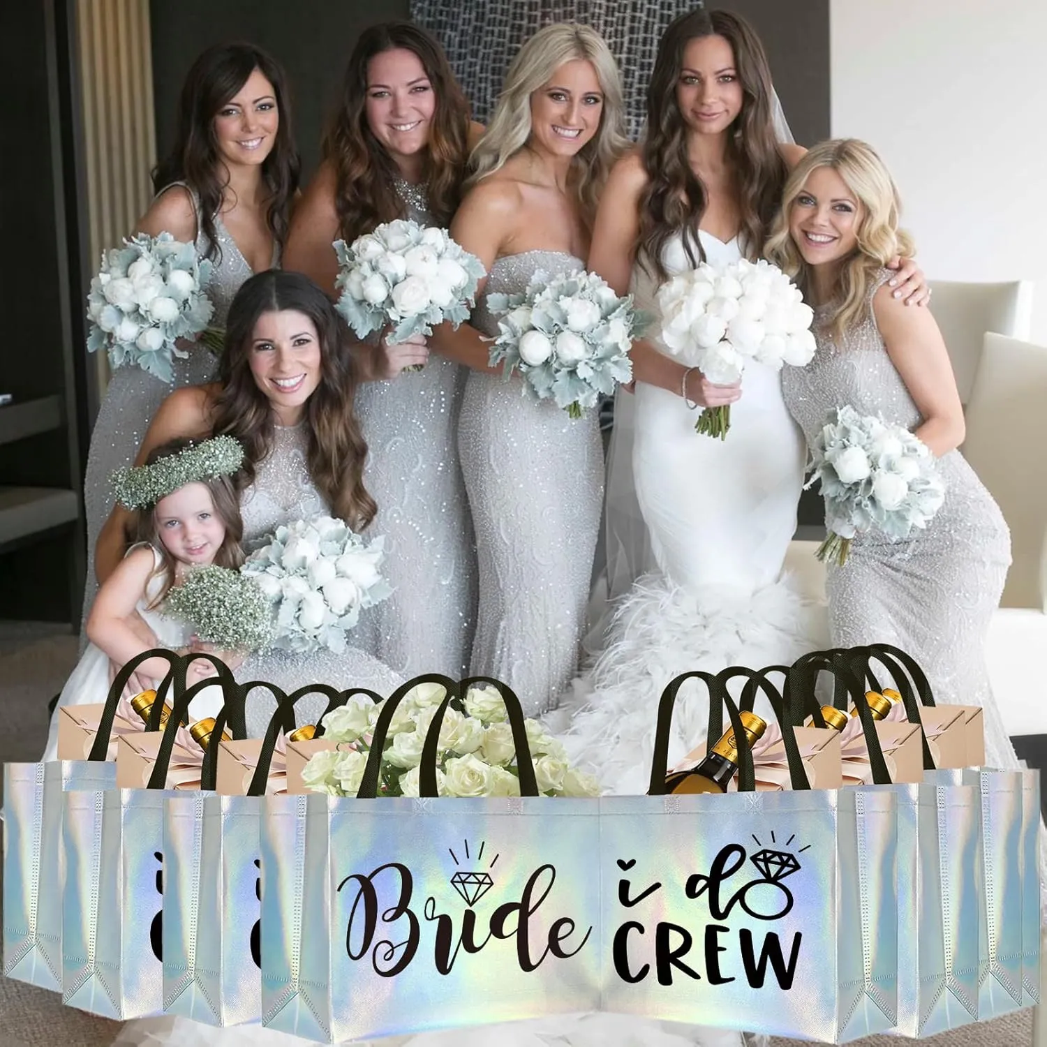 CUTERUI GIFTED 8 Pieces Iridescent I Do Crew and Bride Non-Woven Gift Bags for Bridesmaid, Bridal Party, Bachelorette Favors, Wedding Party Gifts