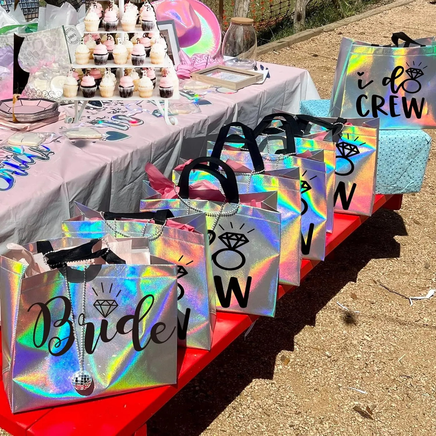 CUTERUI GIFTED 8 Pieces Iridescent I Do Crew and Bride Non-Woven Gift Bags for Bridesmaid, Bridal Party, Bachelorette Favors, Wedding Party Gifts