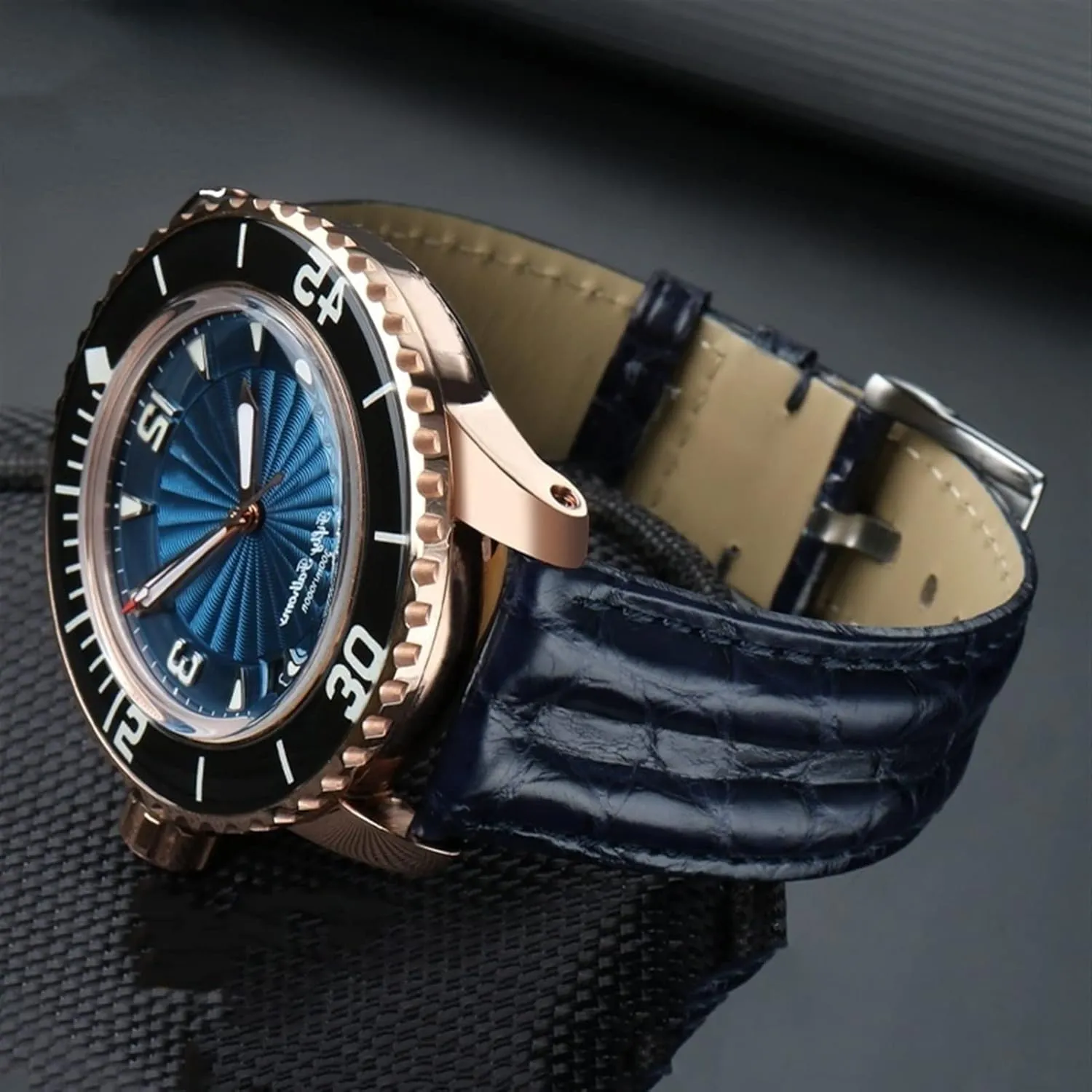 CZKE 23mm Crocodile Watch Strap Watchband for Blancpain 5000 5015 Fathoms Watch Black Blue Soft Strap Folding Buckle (Color : Black-Folding, Size : 23mm)