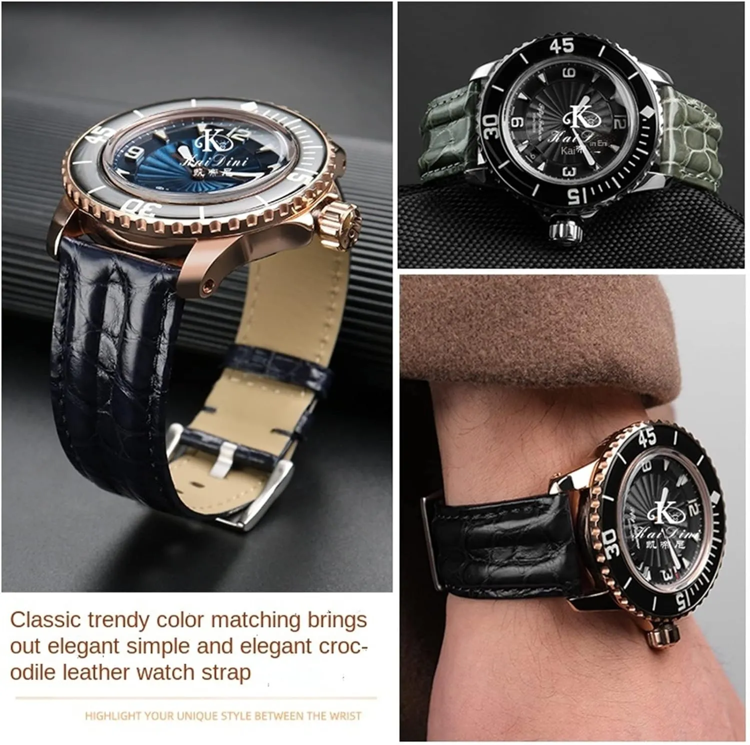 CZKE 23mm Crocodile Watch Strap Watchband for Blancpain 5000 5015 Fathoms Watch Black Blue Soft Strap Folding Buckle (Color : Black-Folding, Size : 23mm)