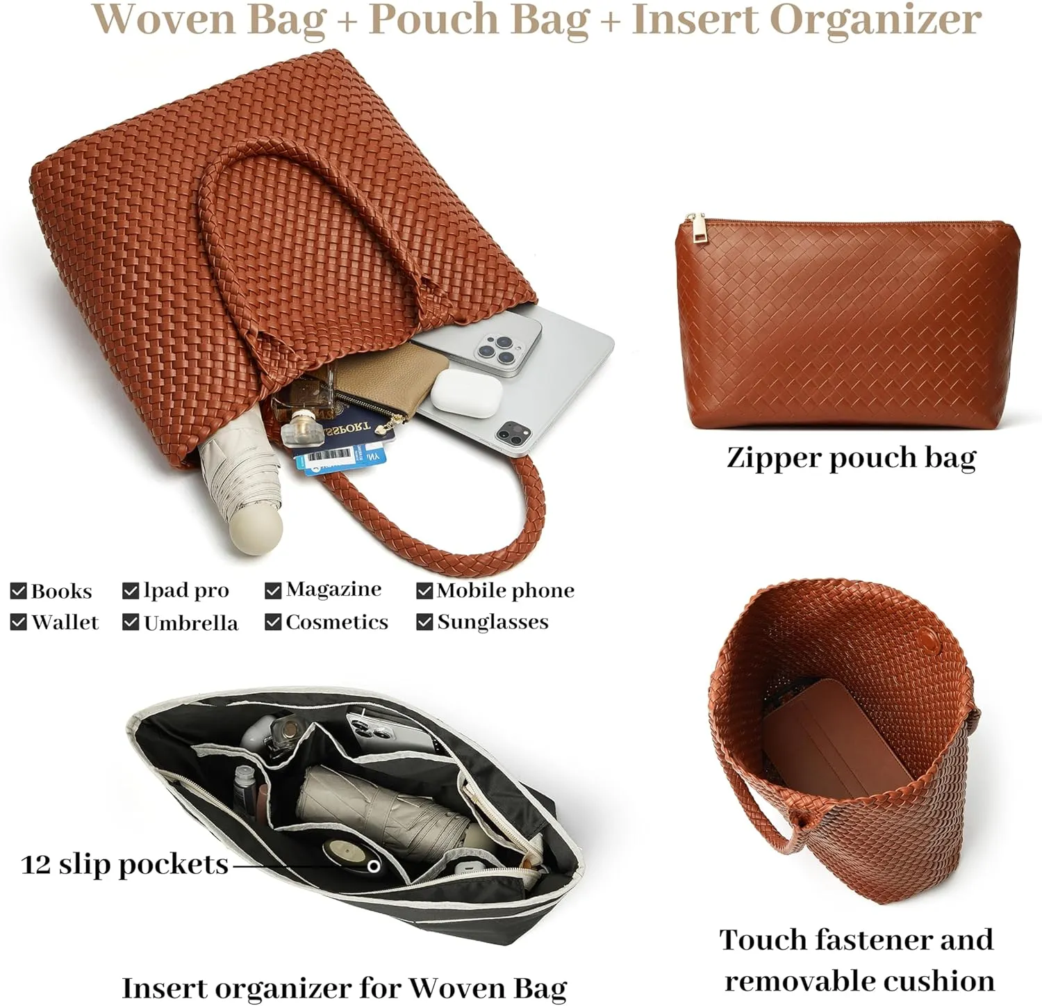 DAILANDO Fashion Woven Tote Bag For Women Soft Hobo Weave Shoulder Purse With Insert Organizer