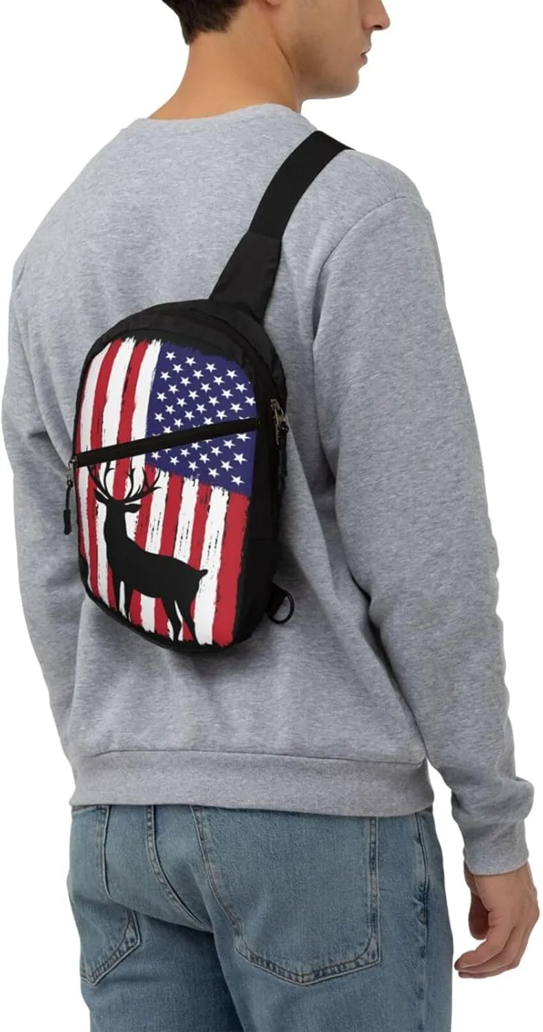 Deer Hunting American Flag Portable Sling Bags Packable Crossbody Bag Foldable Sport Daypack Reusable Shoulder Backpack Diagonally Chest Bag for Workout Travel