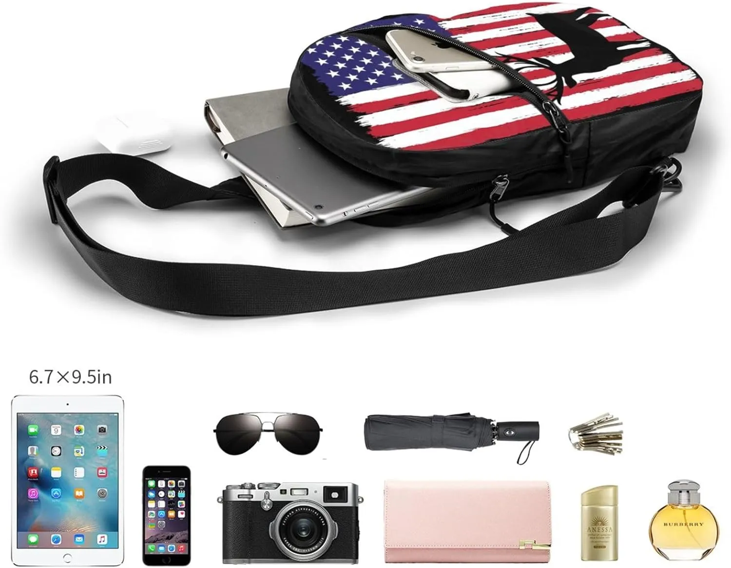 Deer Hunting American Flag Portable Sling Bags Packable Crossbody Bag Foldable Sport Daypack Reusable Shoulder Backpack Diagonally Chest Bag for Workout Travel