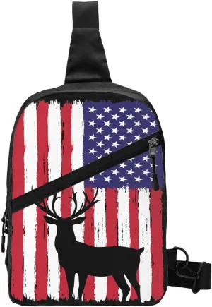 Deer Hunting American Flag Portable Sling Bags Packable Crossbody Bag Foldable Sport Daypack Reusable Shoulder Backpack Diagonally Chest Bag for Workout Travel