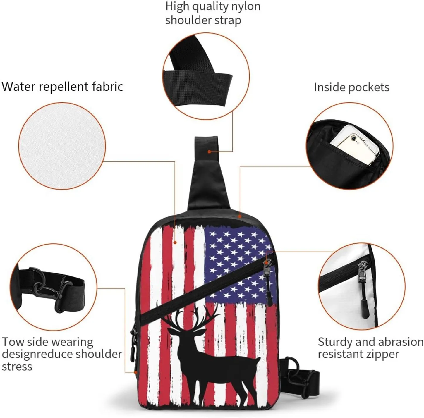 Deer Hunting American Flag Portable Sling Bags Packable Crossbody Bag Foldable Sport Daypack Reusable Shoulder Backpack Diagonally Chest Bag for Workout Travel