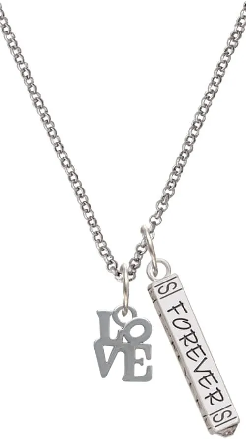 Delight Jewelry Silvertone Mini Love in Square Silvertone Forever Bar Charm Necklace, 23"