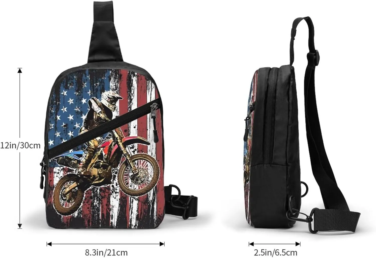 Dirt Bike Racing Motocross Race American Flag Portable Sling Bags Packable Crossbody Bag Foldable Sport Daypack Reusable Shoulder Backpack Diagonally Chest Bag for Workout Travel
