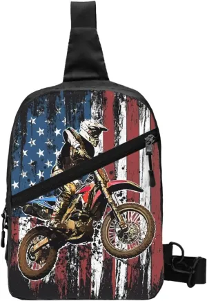 Dirt Bike Racing Motocross Race American Flag Portable Sling Bags Packable Crossbody Bag Foldable Sport Daypack Reusable Shoulder Backpack Diagonally Chest Bag for Workout Travel