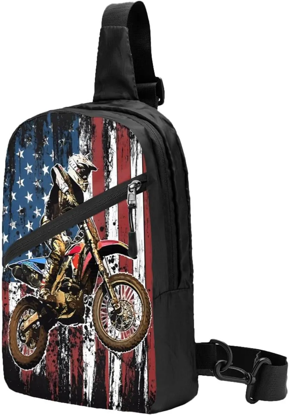 Dirt Bike Racing Motocross Race American Flag Portable Sling Bags Packable Crossbody Bag Foldable Sport Daypack Reusable Shoulder Backpack Diagonally Chest Bag for Workout Travel