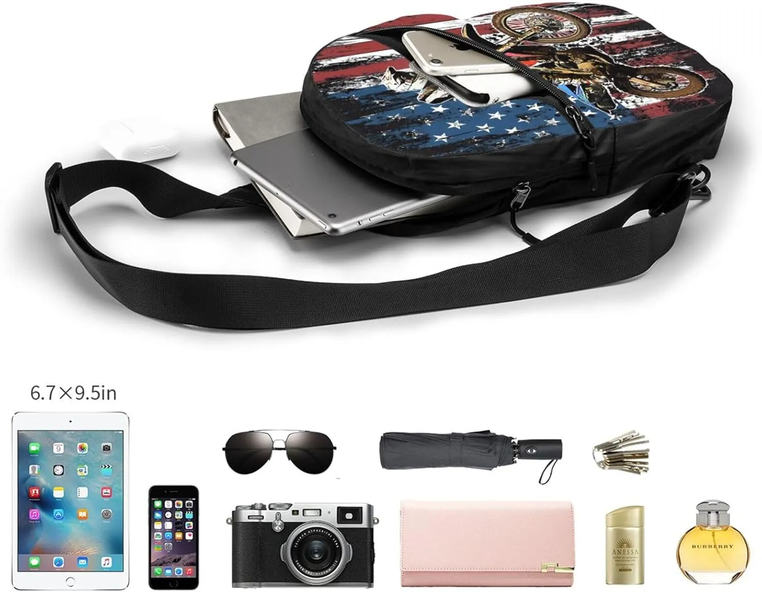 Dirt Bike Racing Motocross Race American Flag Portable Sling Bags Packable Crossbody Bag Foldable Sport Daypack Reusable Shoulder Backpack Diagonally Chest Bag for Workout Travel